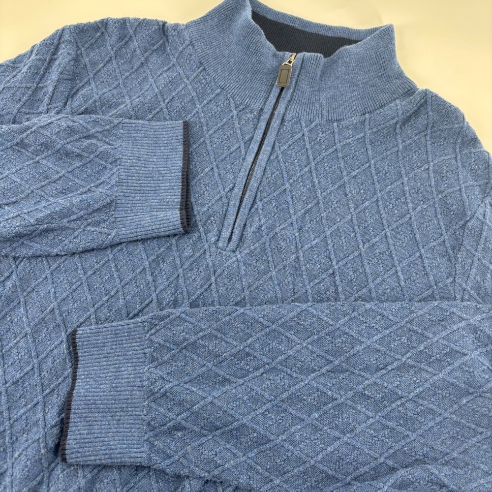 Jos. A. Bank Traveler Men Quarter Zip Sweater L Blue Pima Cotton Diamond Knit